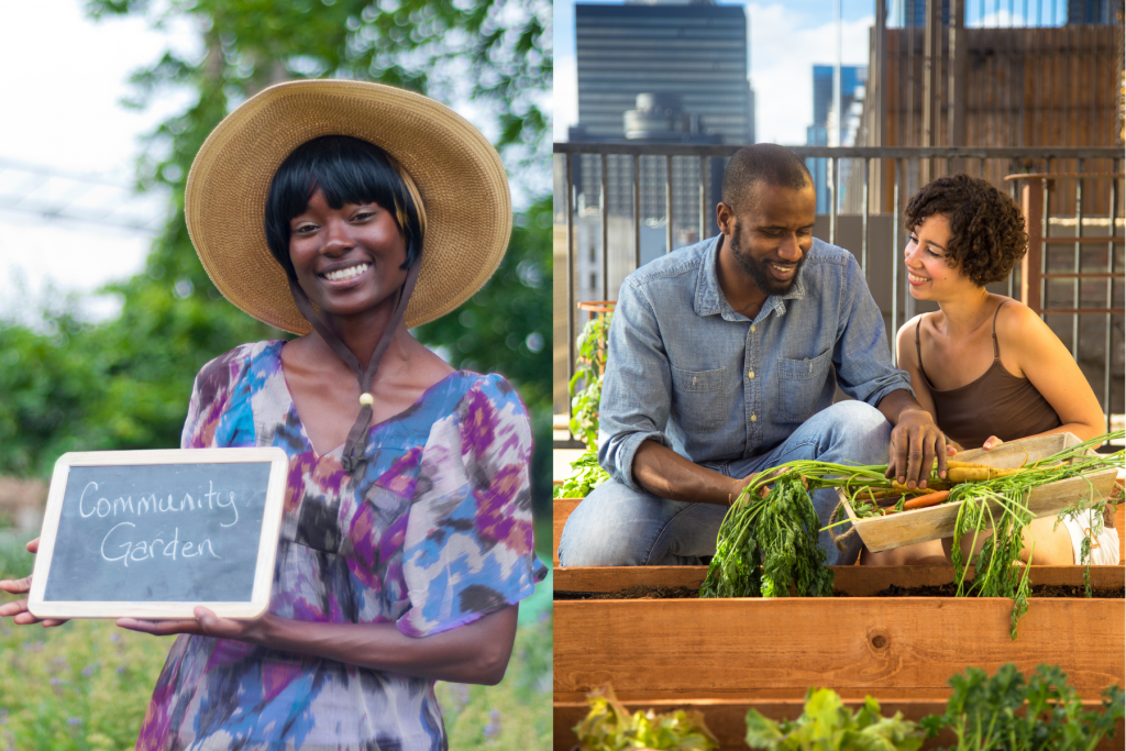 Side by side images. Left photo depicts a black woman smiling and holding a sign that says "community garden". On the right is a black couple sitting in front of an urban garden with vegetables in their hands.